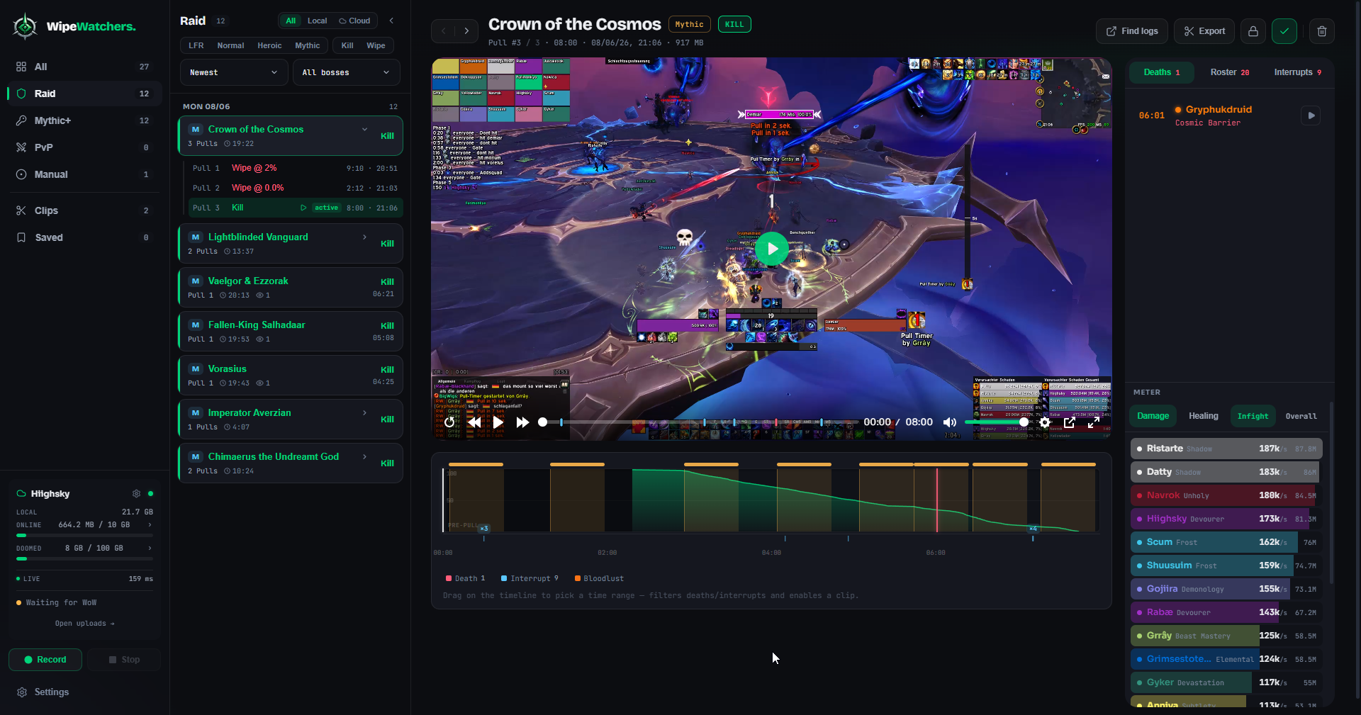 Player with combat timeline, death recap and damage meters