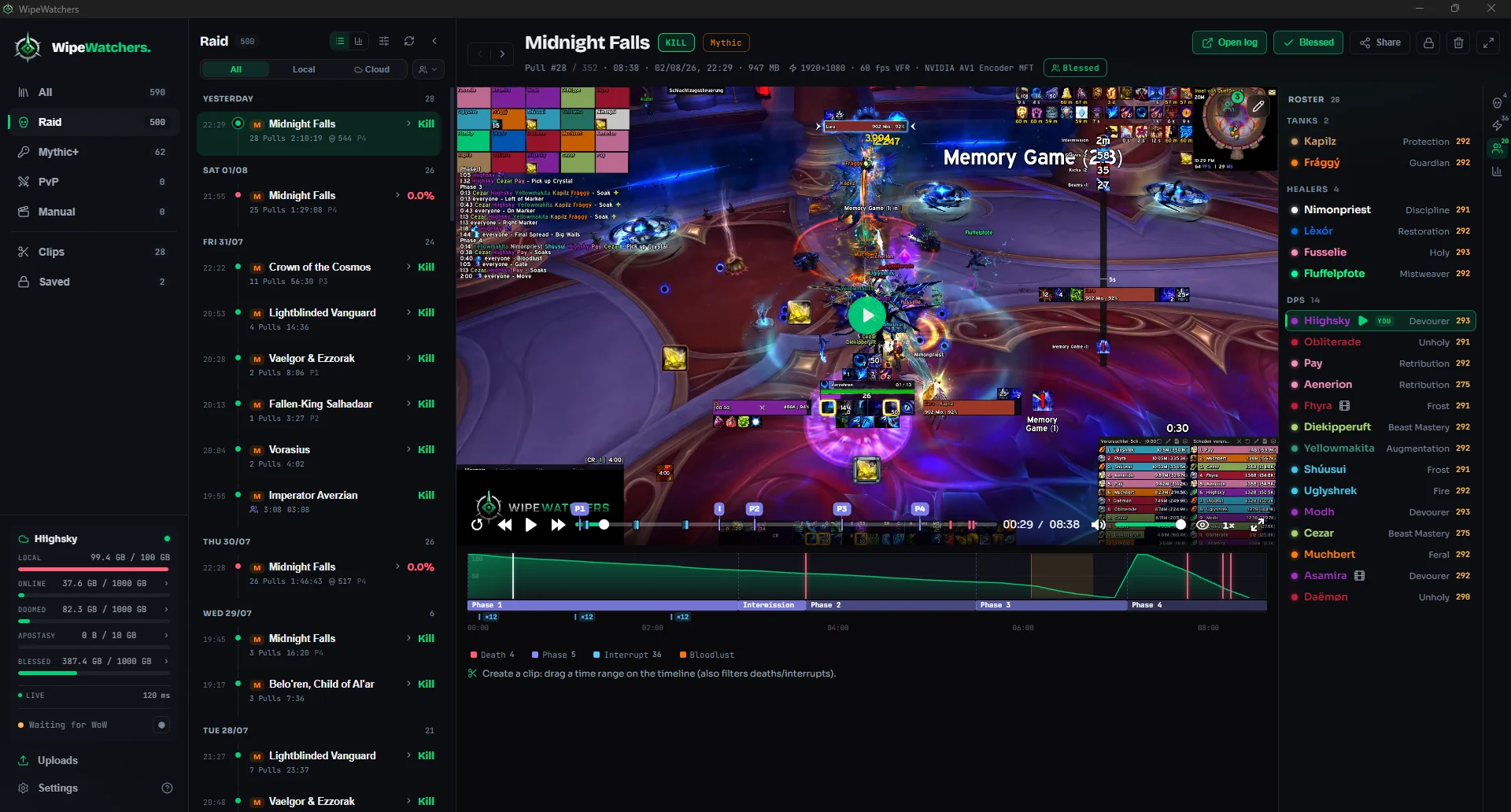 Player with combat timeline, death recap and damage meters