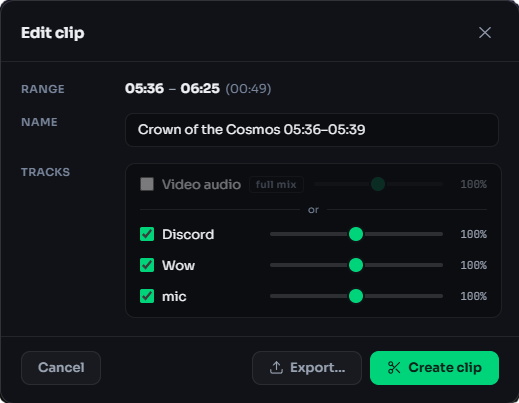 Clip editor with range selection and separate audio tracks