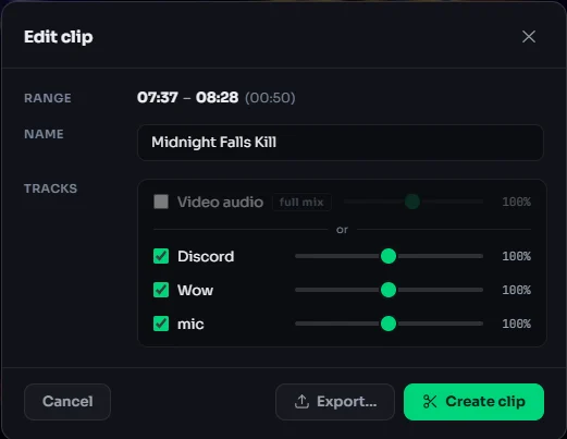 Clip editor with range selection and separate audio tracks