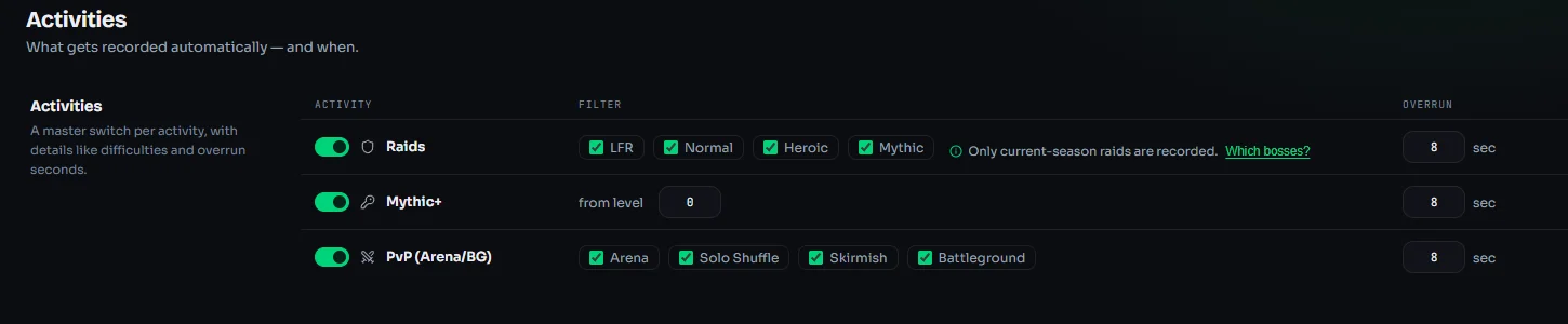 Settings: which activities get recorded automatically